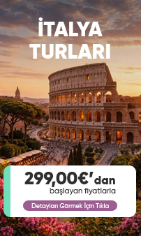 İtalya turları reklam görseli – Koloseum manzarası eşliğinde 299,00€'dan başlayan fiyatlar – Tatilkaresi