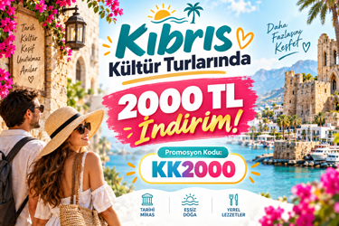 Kıbrıs kültür turlarında 2000 TL indirim kampanyası, KK2000 promosyon kodu, valizli ve bilet tutan kadın seyahat teması görseli