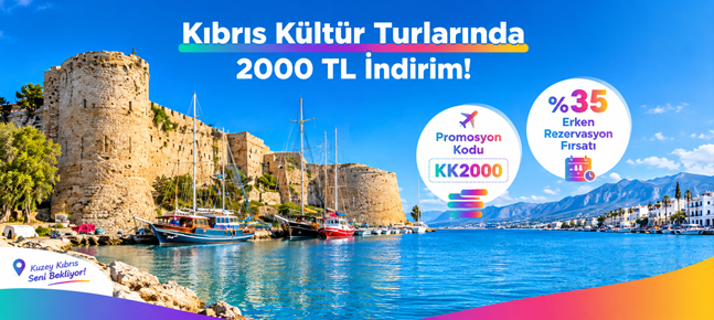 Kıbrıs kültür turlarında 2000 TL indirim kampanyası, KK2000 promosyon kodu, valizli ve bilet tutan kadın seyahat teması görseli