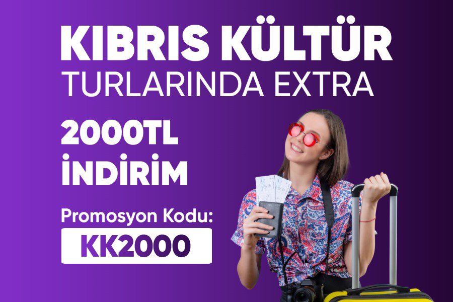Kıbrıs kültür turlarında 2000 TL indirim kampanyası, KK2000 promosyon kodu, valizli ve bilet tutan kadın seyahat teması görseli
